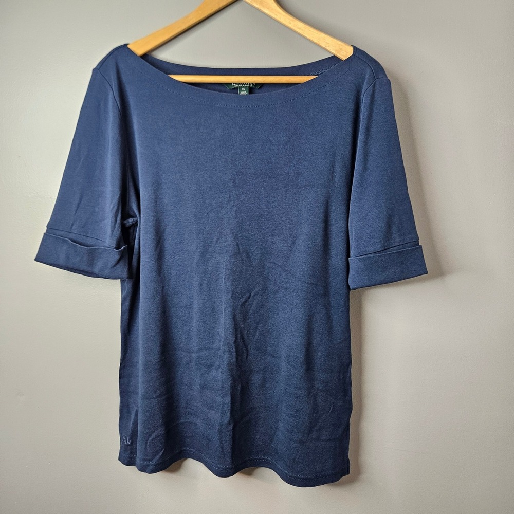 Lauren Ralph Lauren Womens XL Navy Blue Boat Neck Cotton Short Sleeve T-Shirt